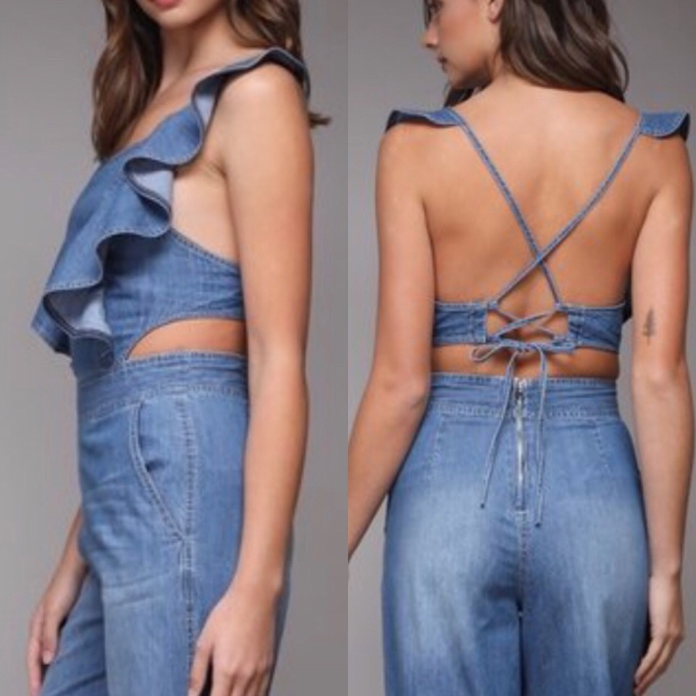 Ruffled Denim Jumpsuit - Picture 2 of 7
